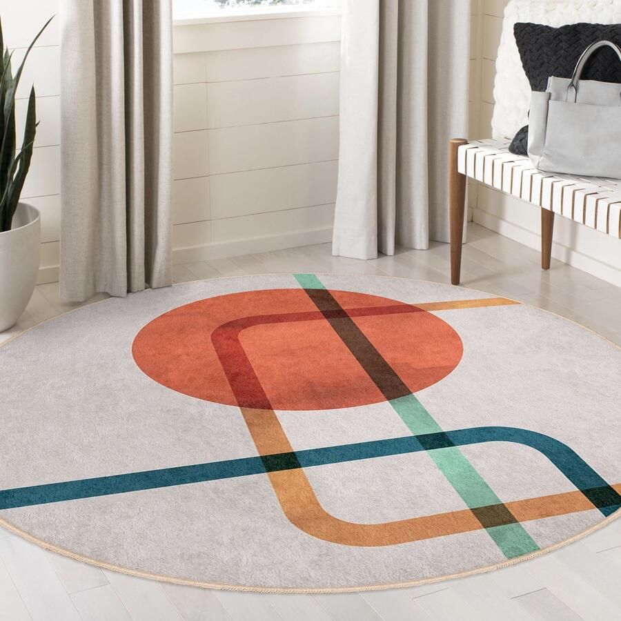 Mila Home Abstract Gebied Rond Tapijt|Oranje Stippen Blauwe Lijnen Manieren Tapijt Boheems Tapijt|Antislip Tapijt|Boho Tapijt Decor|Woonkamer Tapijt Modern Tapijt|Luxe Tapijt
