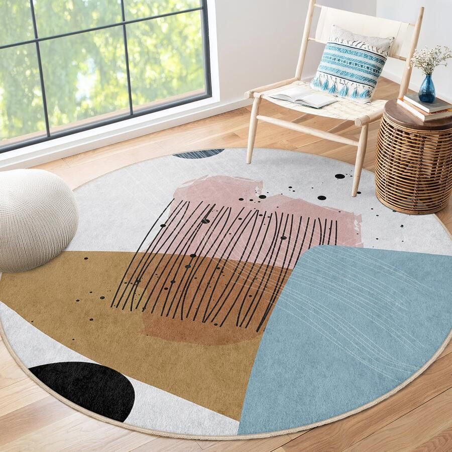 Mila Home Abstract Gebied Rond Tapijt|Pastel Strepen Wit Vreemde Vormen Boheems Tapijt|Antislip Tapijt|Boho Tapijt Decor|Woonkamer Tapijt Modern Tapijt|Luxe Tapijt