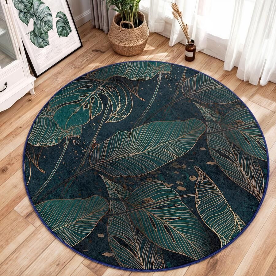 Mila Home Kleurrijke bladeren gebied ronde tapijt Donkergroen bloemen minimalistisch design tapijt Antislip tapijt Boho tapijt decoratie Woonkamer tapijt Modern tapijt Luxe tapijt