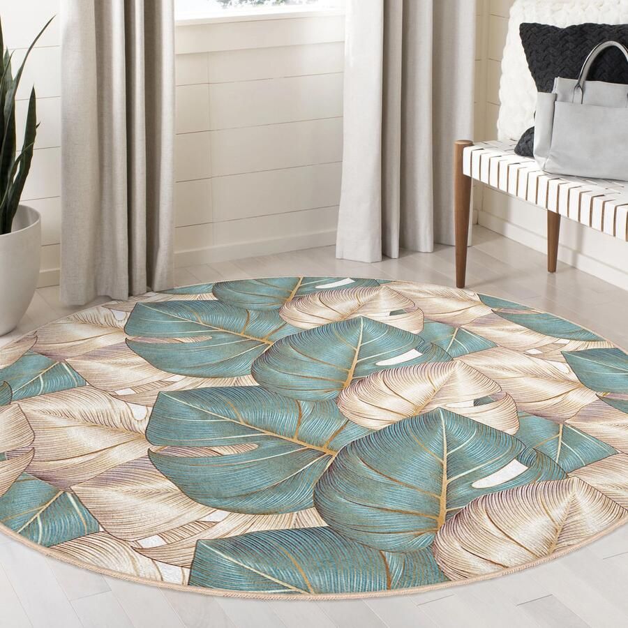 Mila Home Kleurrijke bladeren gebied ronde tapijt Lichtgroene bloemen minimalistische binnen- en buitentapijt Antislip Woonkamer tapijt modern tapijt Luxe tapijt