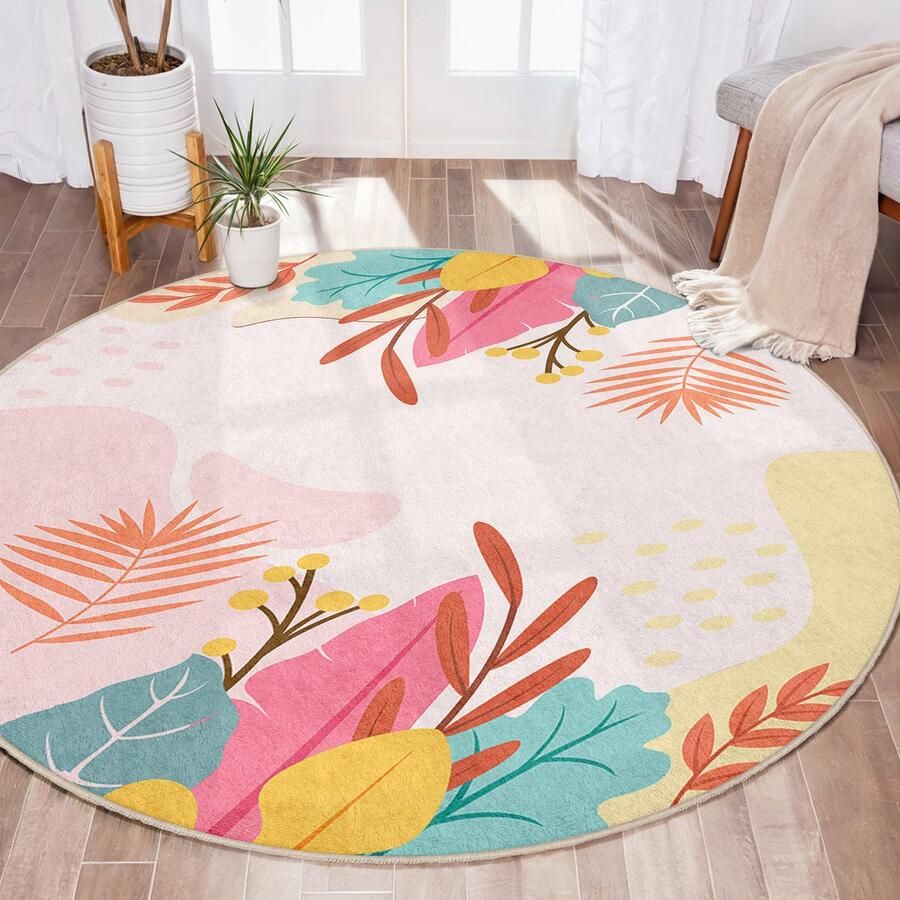 Mila Home Kleurrijke bladeren gebied ronde tapijt Pastel ontwerp minimalistische buiten balkon tapijt Antislip tapijt Boho tapijt decor Woonkamer tapijt Modern tapijt Luxe tapijt