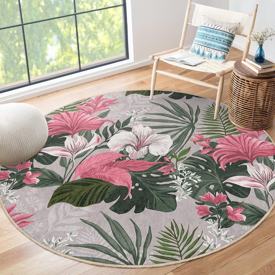 Mila Home Kleurrijke bladeren gebied ronde tapijt Roze groene bloem minimalistische binnen- en buitentapijt Antislip tapijt Boho tapijt decor Woonkamer tapijt Modern tapijt Luxe