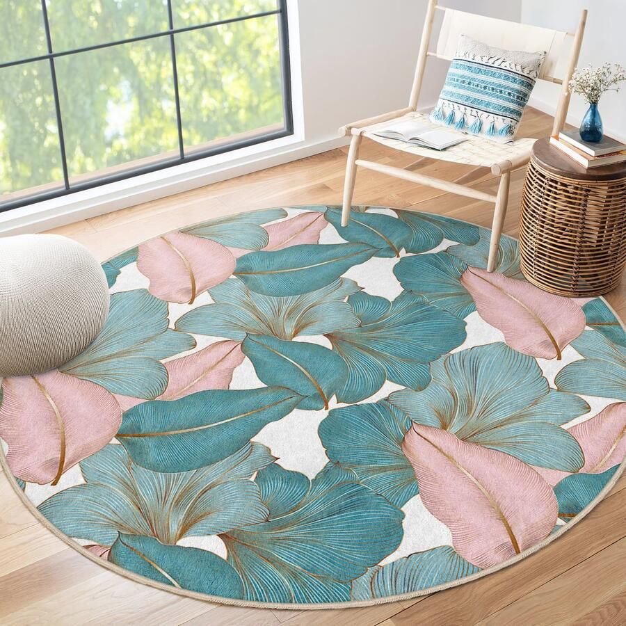 Mila Home Kleurrijke bladeren gebied ronde tapijt Roze groene bloem minimalistische binnen- en buitentapijt Antislip tapijt Boho tapijt decor Woonkamer tapijt Modern tapijt Luxe