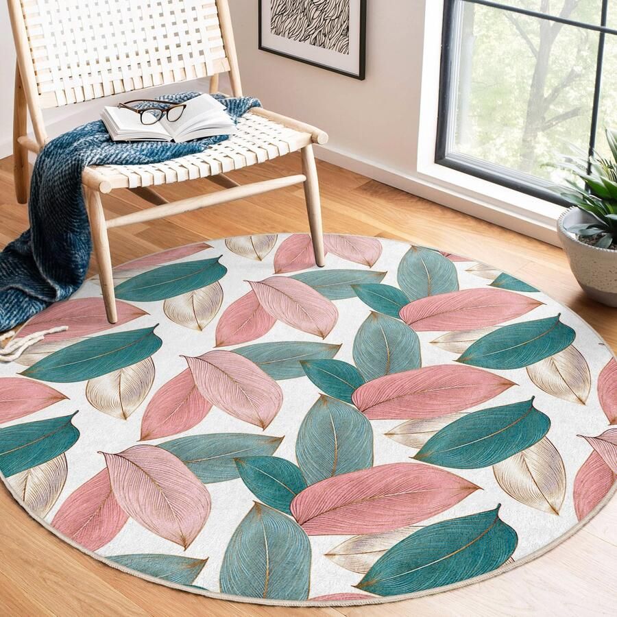 Mila Home Kleurrijke bladeren gebied ronde tapijt Roze groene bloem minimalistische binnen- en buitentapijt Antislip tapijt Boho tapijt decor Woonkamer tapijt Modern tapijt Luxe