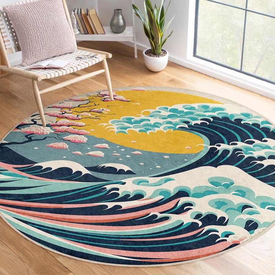 Mila Home Kleurrijke blauwe golven zee zomer patroon maximalistisch tapijt antislip tapijt decoratie lente thema's woonkamer tapijt modern tapijt slaapkamer tapijt