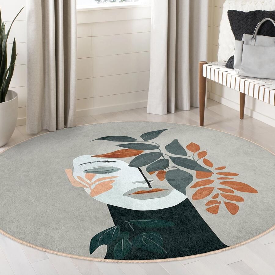 Mila Home Surrealistische Vrouw Gezicht Tekening Abstract Gebied Rond Tapijt|Pastel Bladeren Grijs Tapijt|Antislip Tapijt|Boho Tapijt Decor|Woonkamer Tapijt Modern Tapijt|Luxe Tapijt