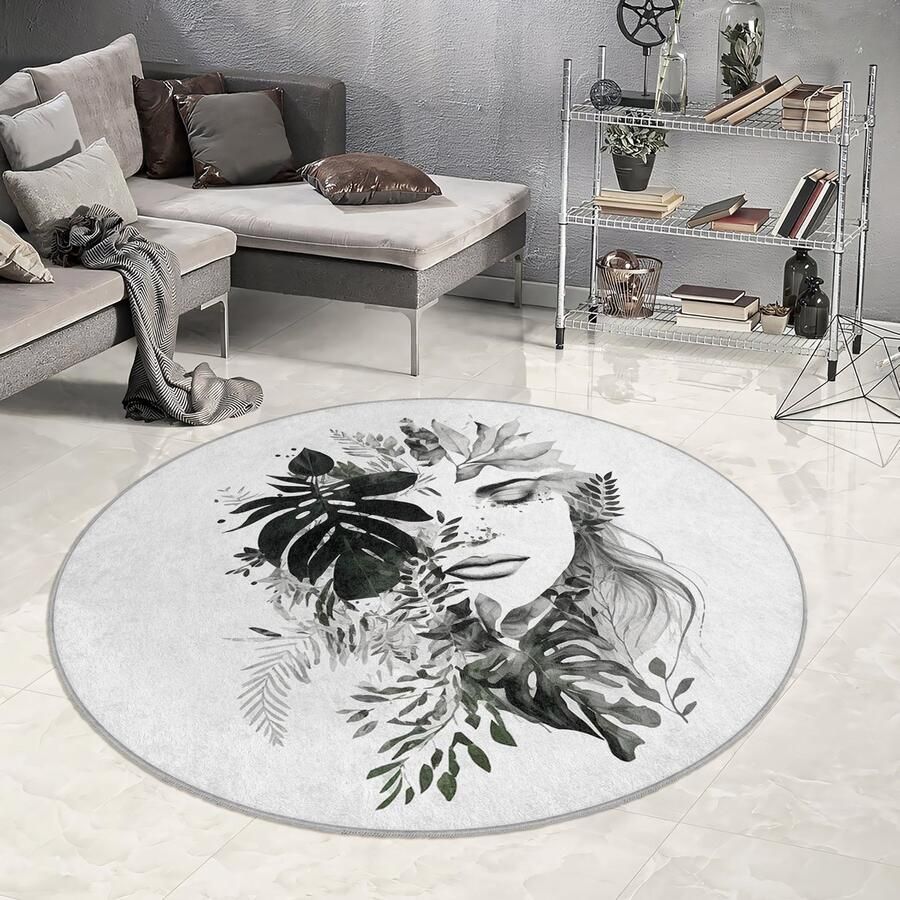 Mila Home Surrealistische Vrouw Gezicht Tekening Abstract Gebied Rond Tapijt|Tekening Bladeren Grijs Tapijt|Antislip Tapijt|Boho Tapijt Decor|Woonkamer Tapijt Modern Tapijt|Luxe Tapijt