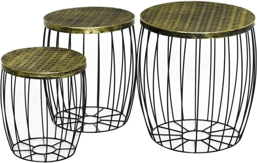 Mila Shop Driedelige set salontafels Bijzettafels Retro Metalen mand Draadmand Goud Zwart 3 maten
