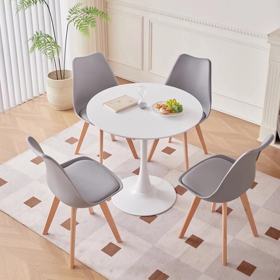Mila Shop Eetkamer set Eethoekset tafel en stoelen Ronde eettafel 4 Eetkamerstoelen Houten poten Kunststof Grijs