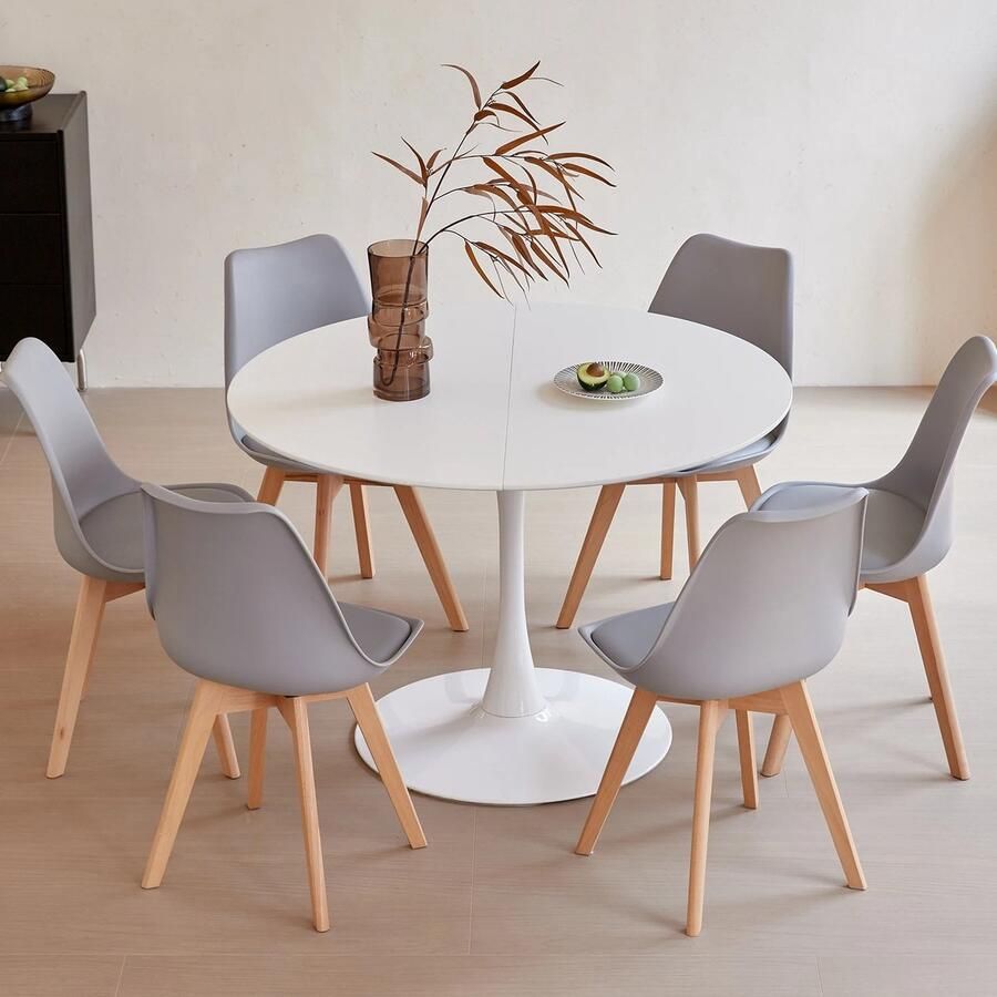Mila Shop Eetkamer set Eethoekset tafel en stoelen Ronde eettafel 4 Eetkamerstoelen Houten poten Kunststof Grijs - Foto 2
