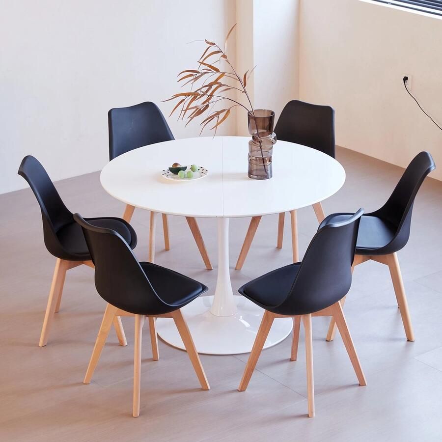 Mila Shop Eetkamer set Eethoekset tafel en stoelen Ronde eettafel 4 Eetkamerstoelen Houten poten Kunststof Zwart - Foto 2