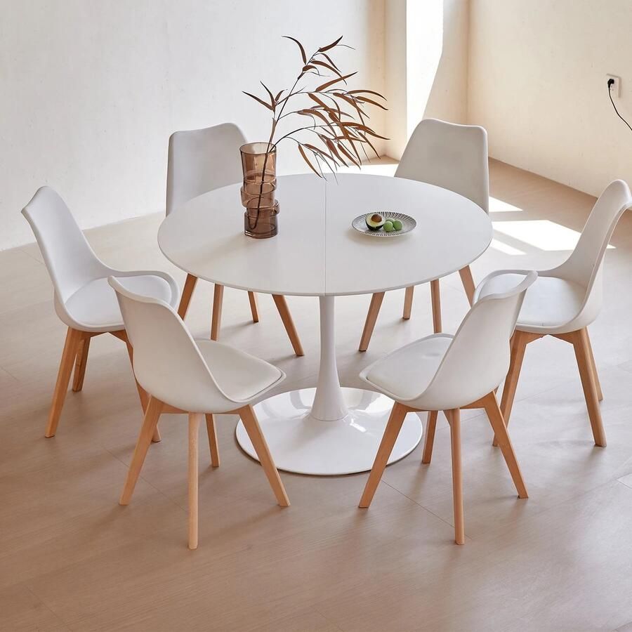 Mila Shop Eetkamerset Ronde eettafel 6 Eetkamerstoelen Houten poten Kunststof Wit