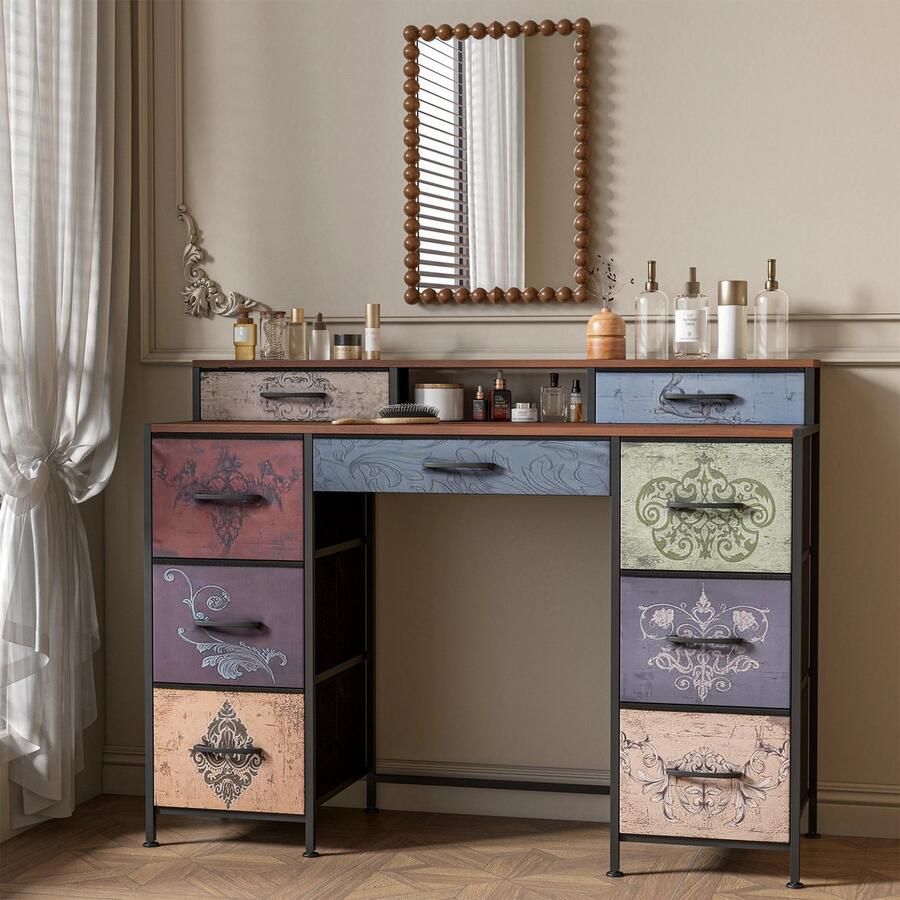 Mila Shop Ladekast 9 Lades Opbergkist Vintage Houten look Zwart metalen frame Multi kleuren Cabinet 100x30x86 5cm