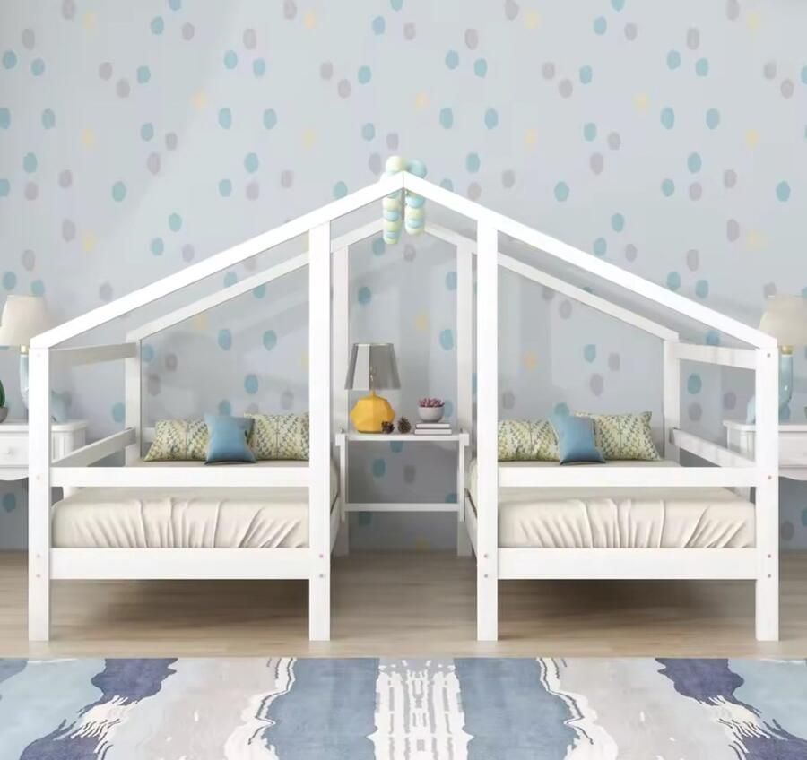 Mila Shop Stapelbed Kinderbed Peuterbed Tweelingbed Massief houten kinderbed 2 kinderen Lattenbodem Hoofdeinde 125x205x206cm Wit Blauw - Foto 2