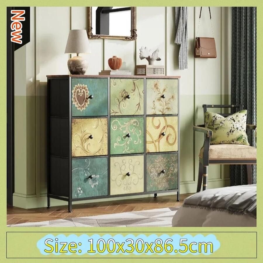 Mila Shop Ladekast 9 Lades Opbergkist Vintage Houten look Zwart metalen frame Multi kleuren Cabinet 100x30x86 5cm - Foto 2