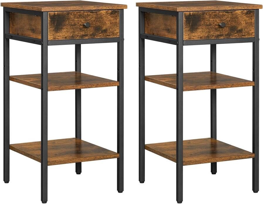 Mila Shop Nachtkastje 2 stuks Met lade en 2 planken Hout Zwart Hoogte 70cm