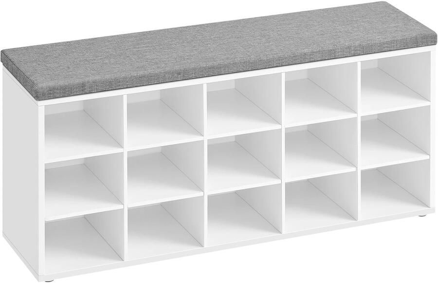 Mila Shop Schoenenbank met zitkussen Schoenenrek Schoenenkast Opbergbank 15 Vakken 105x30x48cm
