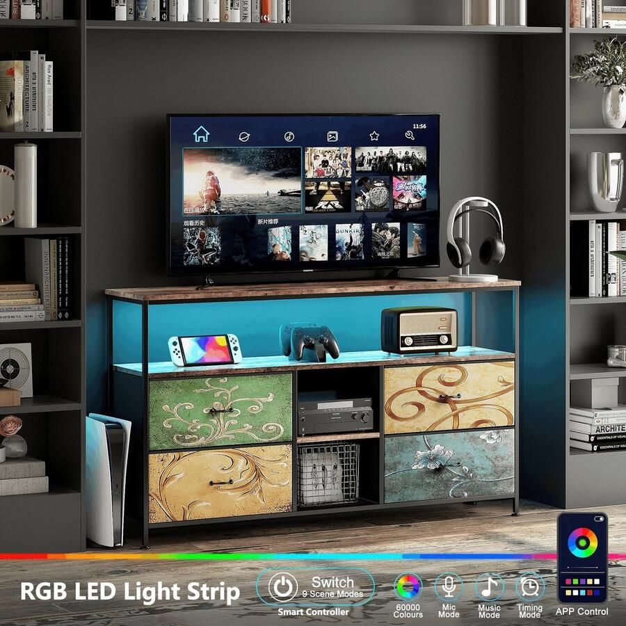 Mila Shop TV kast Dressoirkast Met 4 stoffen lades Led Licht Strips Metalen Frame ladekast Retro vintage 108X29.8X76.8cm