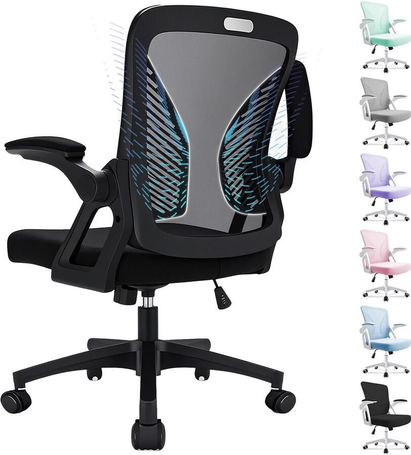 Milacyee Bureaustoel Ergonomische Bureaustoel – Verstelbare Gaming Computerstoel met Mesh Rug & Lendensteun – 90° Opklapbare Armleuningen – Bureaustoelen voor Volwassenen met Stille Wieltjes – Tot 130 kg Zwart Geschikt voor Thuiswerk en Kantoor