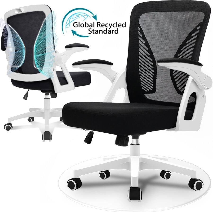 Milacyee Bureaustoel Ergonomische Bureaustoel – Verstelbare Gaming Computerstoel met Mesh Rug & Lendensteun – 90° Opklapbare Armleuningen – Directiestoel met Stille Wieltjes – Tot 130 kg Belasting Wit Geschikt voor thuiswerk en kantoor - Foto 2