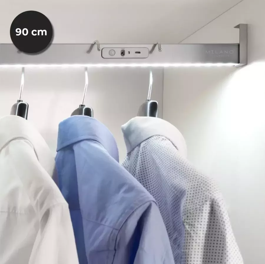 Milano Luxurious kledingstang met LED verlichting bewegingsmelder – 90 cm Kastroede met natuurlijk wit licht – Oplaadbare kledingroede met sensor en aan uit schakelaar – zilvergrijs