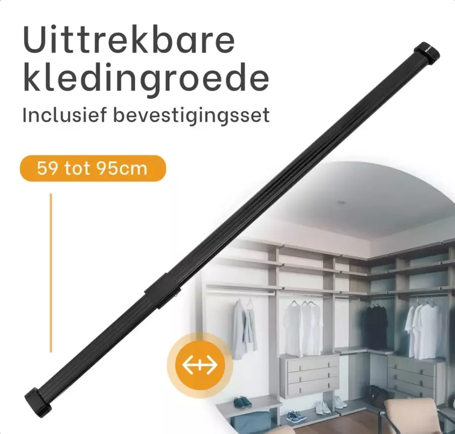 Milano Luxurious Kledingstang Verstelbaar – Uittrekbare Kledingroede – Duurzame Garderobestang – 59 tot 95cm – Kledingstang Roede Kast – Kledingrek – Kleerhanger – Garderobebuis – Uittrekbare Kledingkast Hanger – Stevig Aluminium – Zwart