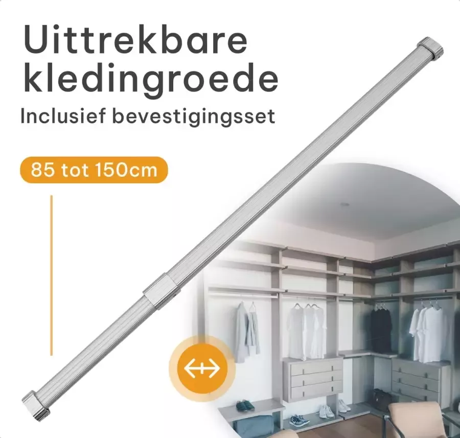 Milano Luxurious Kledingstang Verstelbaar – Uittrekbare Kledingroede – Duurzame Garderobestang – Stevig Aluminium – 85 tot 150cm – Kledingstang Roede Kast – Kledingrek – Kleerhanger – Garderobebuis – Uittrekbare Kledingkast Hanger – Zilver