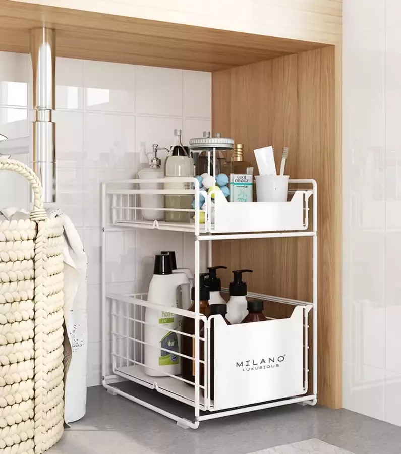 Milano Luxurious organizer lade wit– keuken ladekast – gootsteenkast organizer – opbergrek voor het aanrecht – tweelaags ladesysteem – opslag voor keukenkast of badkamerkast – maat L