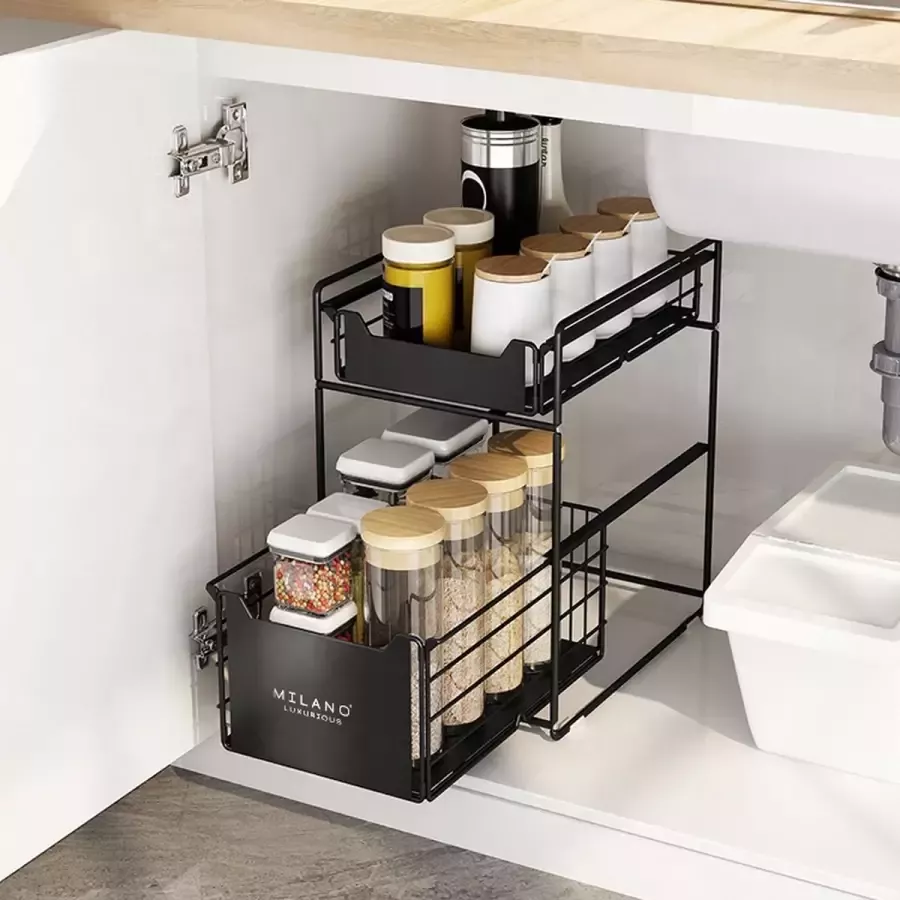 Milano Luxurious organizer lade zwart– keuken ladekast – gootsteenkast organizer – opbergrek voor het aanrecht – tweelaags ladesysteem – opslag voor keukenkast of badkamerkast