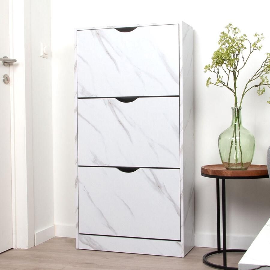 Milton & Oldbrook Milton Oldbrook Schoenenkast Prato 3 Niveaus tot 18 Paar Schoenen 60x24x119cm Marmerlook Wit