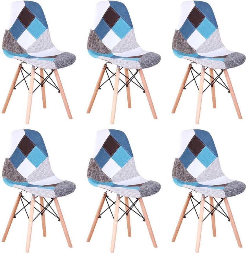 Mima Eetkamerstoelen set van 6 Eetkamer Stoelen Geblokt Blauw- Modern-Stoelen- Multicolor-Tafelstoelen- Keukenstoelen- Wachtkamer Stoelen