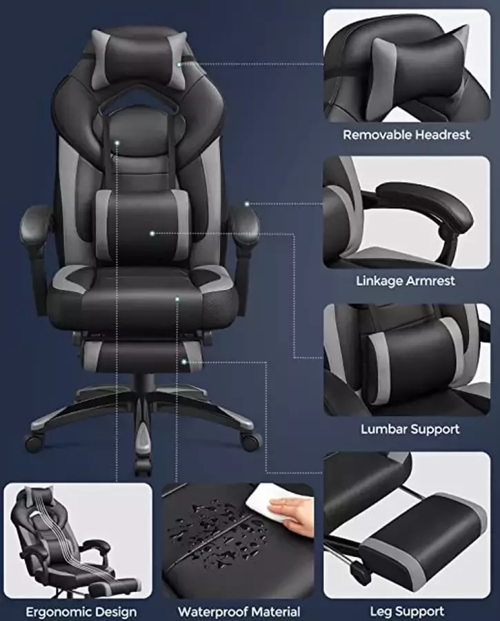 MINA Bureaustoel Gaming stoel met voetsteun Verstelbare Hoofdsteun Tot 150 kg Belastbaar