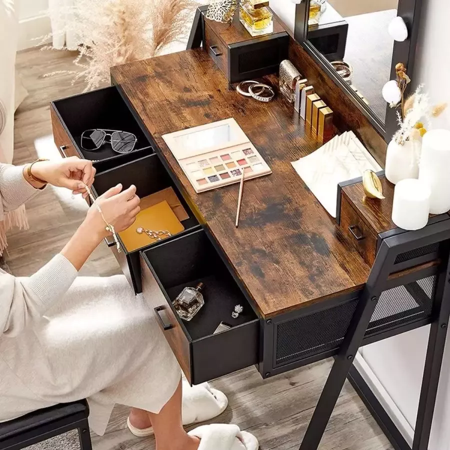 MINA Make-up Tafel Kaptafel met Kruk 10 Led-lampen Verstelbare Helderheid Met Spiegel