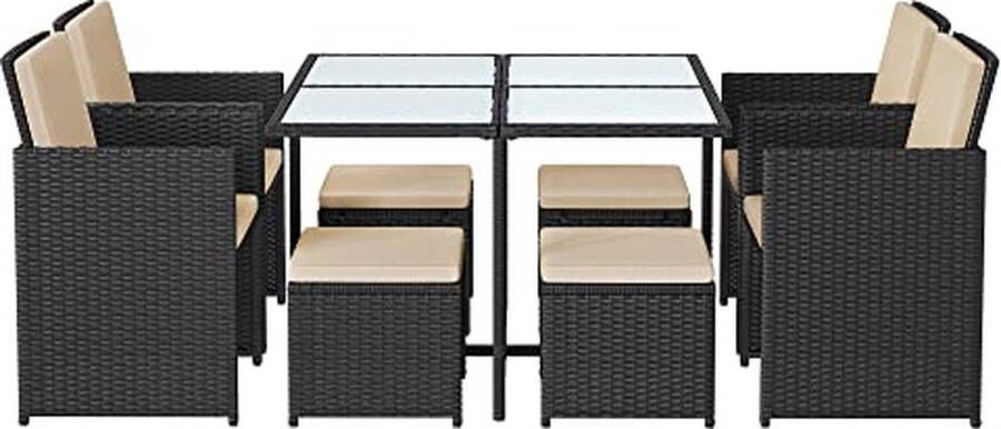 MINA Tuinmeubelset Eettafel en Stoelen Set van 9 Terras Salontafel met Glazen Oppervlak Bruin Beige