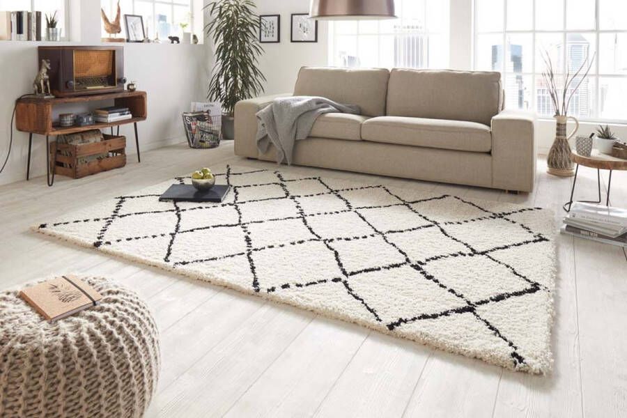 Mint rugs Hoogpolig vloerkleed geruit Allure crème zwart 200x290 cm