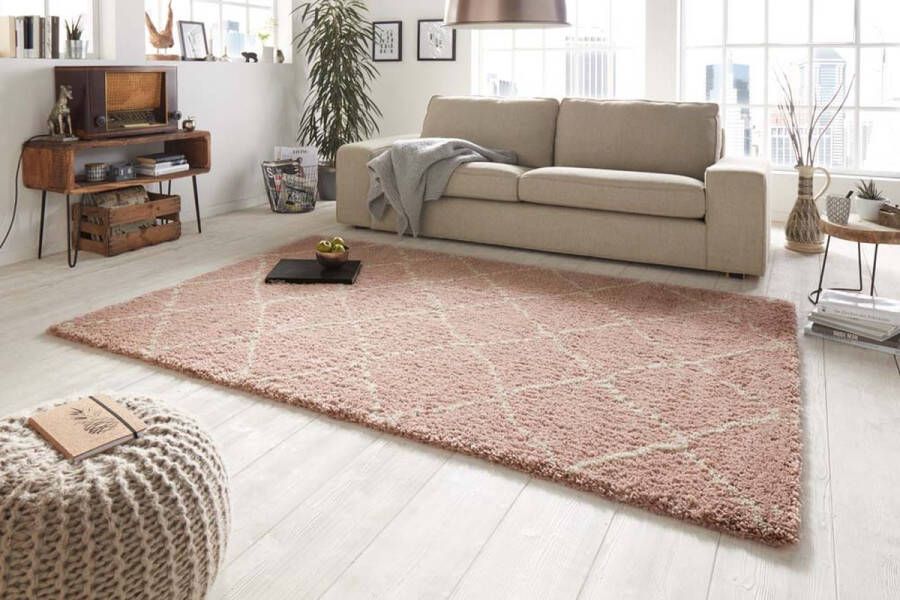 Mint rugs Hoogpolig vloerkleed geruit Allure roze crème 120x170 cm