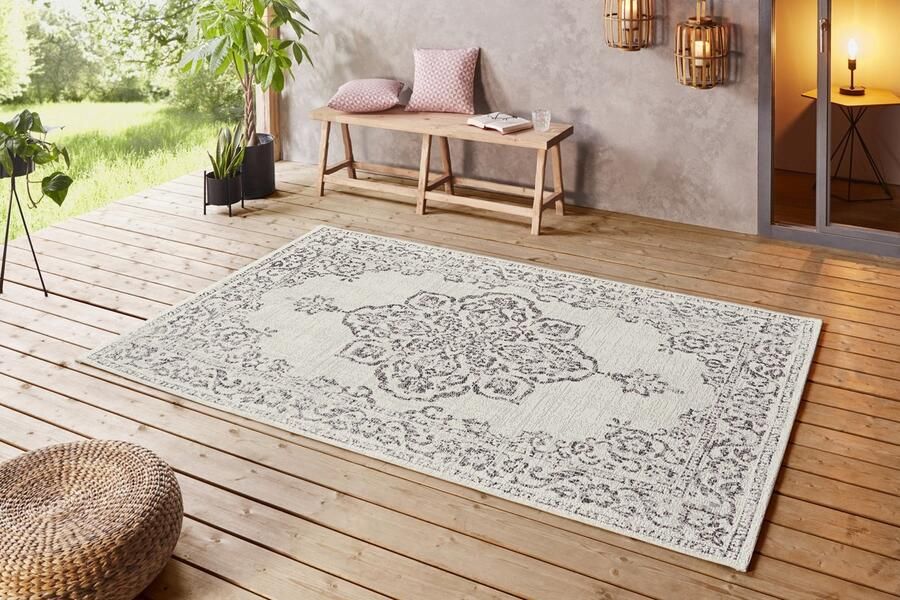Mint rugs Flycarpets Laagpolig Vintage vloerkleed Tilos Binnen en buitenkleed Creme Grijs 240x340 cm