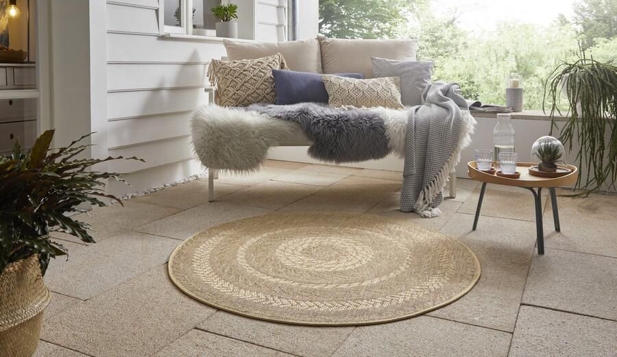 Mint rugs Flycarpets Rond Jute vloerkleed Binnen en buitenkleed Almendro Beige Bruin 160cm rond Ø