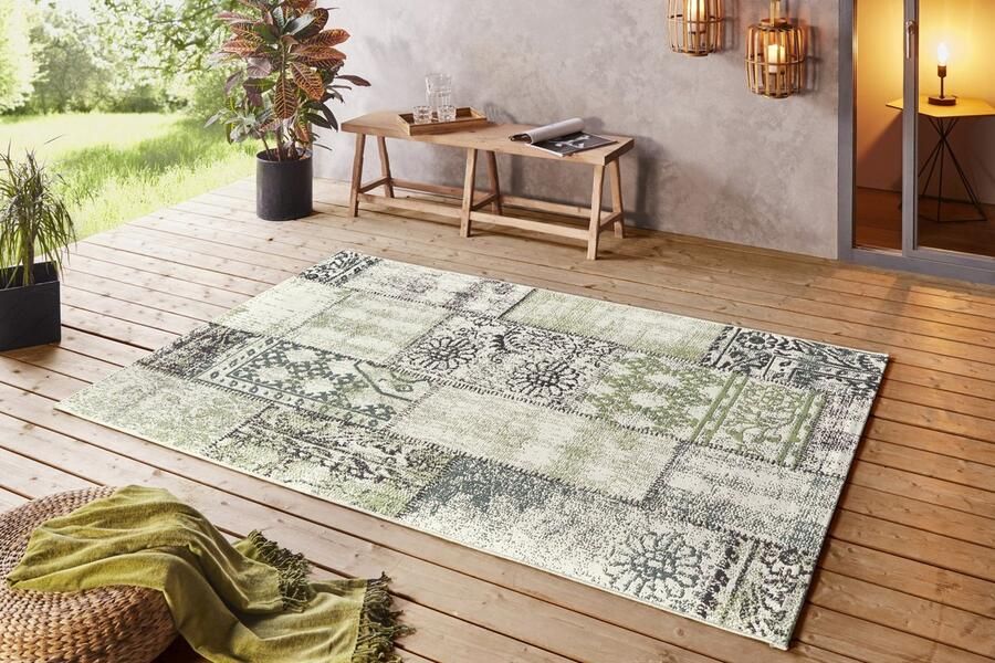 Mint rugs Laagpolig Vintage Patchwork vloerkleed Symi Binnen en buitenkleed Groen 80x200 cm