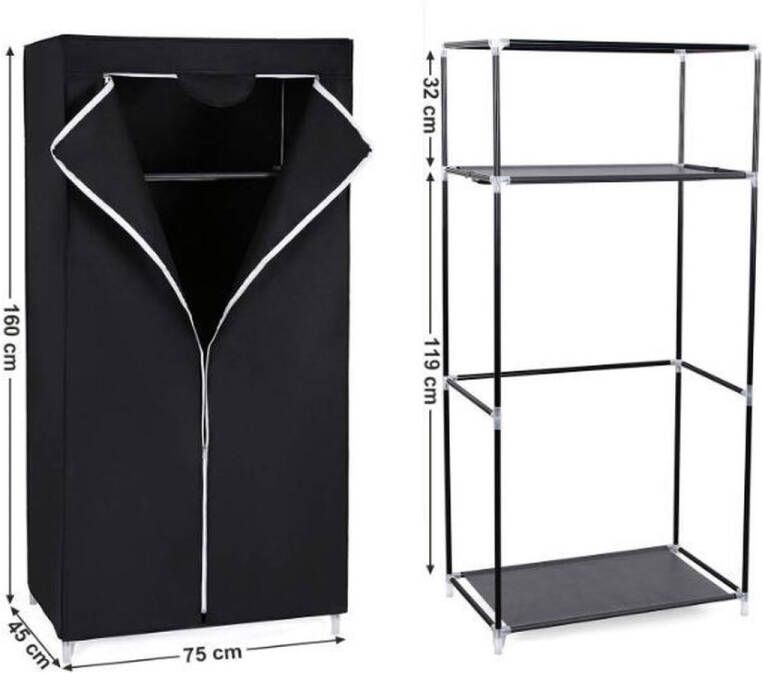 MIRA home Kledingkast – Ruimtebesparende Kast – Basic – Stof – Zwart – 75x45x160