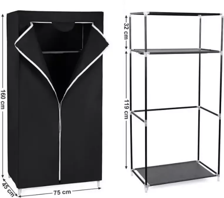 MIRA home Kledingkast – Ruimtebesparende Kast – Basic – Stof – Zwart – 75x45x160