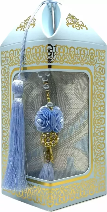 Mirac Geschenkset Bade met een gebedskleed en een parel tasbih in een luxe kartonnen box blauw