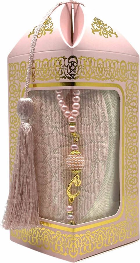 Mirac Geschenkset Bade met een gebedskleed en een parel tasbih in een luxe kartonnen box roze