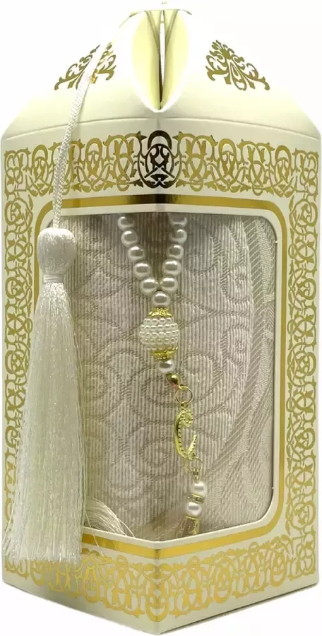 Mirac Geschenkset Bade met een gebedskleed en een parel tasbih in een luxe kartonnen box wit - Foto 2