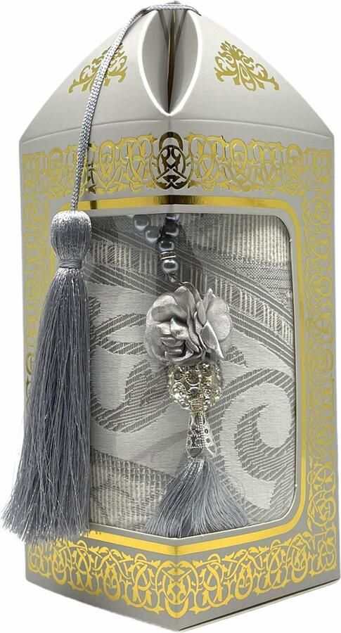 Mirac Geschenkset Bade met een gebedskleed en een parel tasbih in een luxe kartonnen box grijs