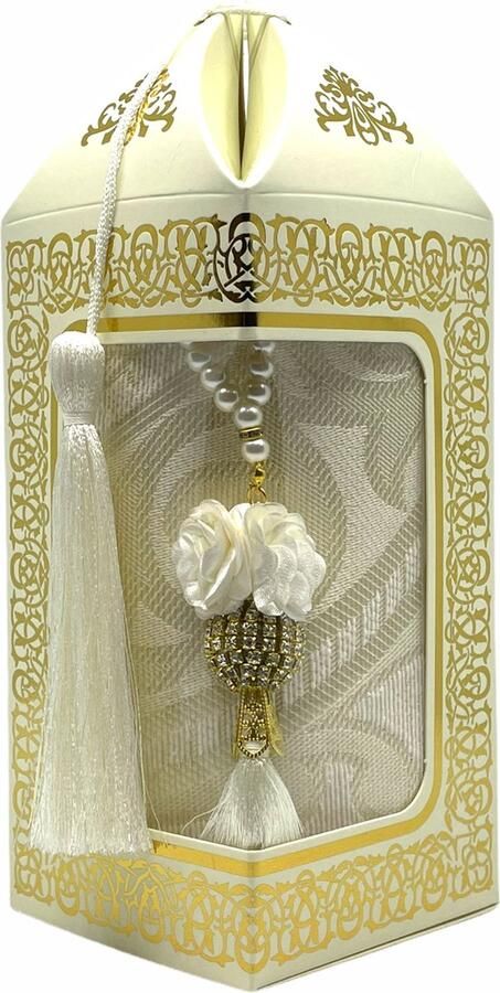 Mirac Geschenkset Bade met een gebedskleed en een parel tasbih in een luxe kartonnen box wit