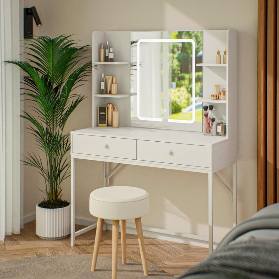 Mirlux Kaptafel met Spiegel en LED Verlichting Make Up Tafel 3 Dimbare Lichtstanden 100x40x140cm Wit