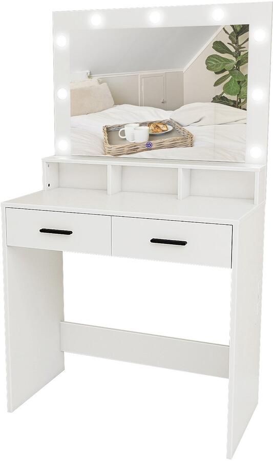 Mirlux Kaptafel met Spiegel en LED Verlichting Make Up Tafel 3 Dimbare Lichtstanden 80x40x139cm Wit