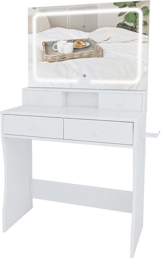 Mirlux Kaptafel met Spiegel en LED Verlichting Make Up Tafel Incl. Stopcontacten 80x40x140cm Wit