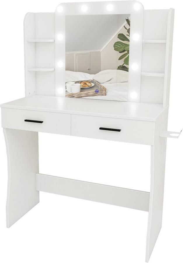 Mirlux Kaptafel met Spiegel en LED Verlichting Make Up Tafel Incl. Stopcontacten 85x40x131cm Wit